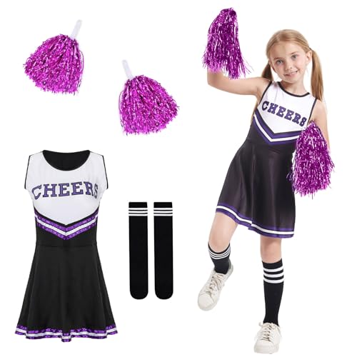 DAZZTIME Cheerleader Kostüm Kinder,Cheerleader Kostüm Damen,Cheerleadering Outfit Mädchen,Kinderkostüm Cheerleader,Kinder Cheer Outfit mit Pompoms Socken,für Karneval Halloween,Fasching,Mottoparty. von DAZZTIME