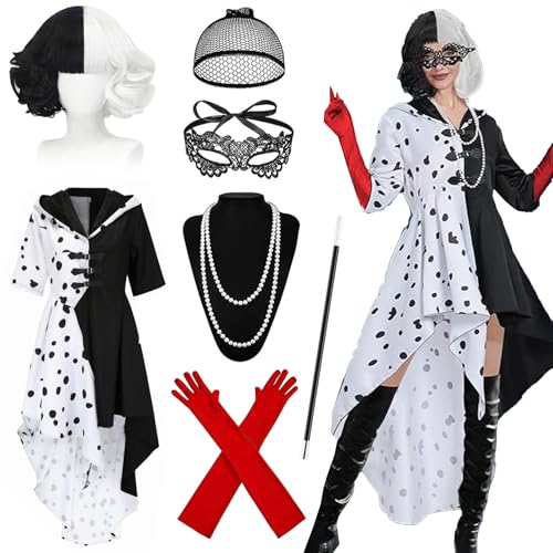 DAZZTIME Cruella Deville Kostüm,Cruella Kostüm Damen,Cruella Devil Kostüm Damen,Halloween Kostüm Damen,Schwarzer und Weißer Dalmatiner Fleck Kleid,Karneval Halloween Party Verkleidung von DAZZTIME