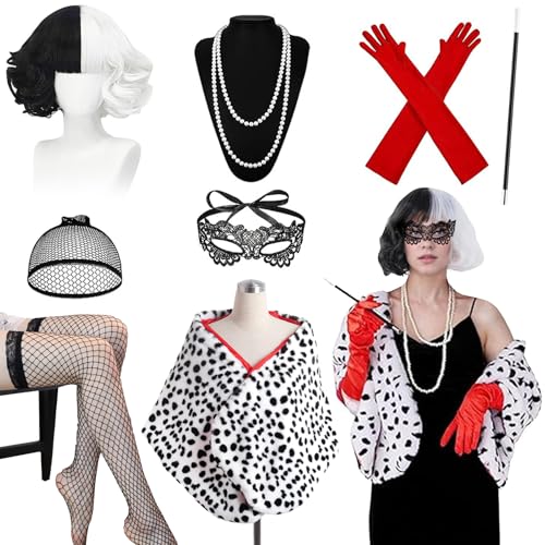 DAZZTIME Cruella Kostüm Damen,Halloween Kostüm Damen,Cruella Deville Kostüm,Cruella Devil Kostüm Damen,Dalmatiner Kostüm,Frauen Halloween Dalmatin Kostüm,für Karneval,Fasching,Mottoparty von DAZZTIME