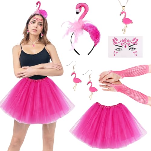 DAZZTIME Flamingo Kostüm,Flamingo Haarreif,Flamingo Halskette,Flamingo Ohrringe,Tropischer Haarreifen Kostüm,Hawaii Kostüm Accessoire,für Hawaii Kostüm Flamingo Party Karneval Fasching Mottoparty von DAZZTIME