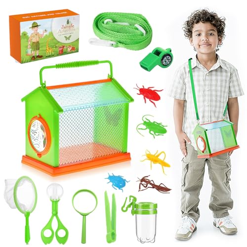 DAZZTIME Forscherset für Kinder,15 Stück Teiliges Entdecker Set,Insekten Forscherset Kinder,mit Insektenfänger,Becherlupe,Pfeife mit Kompass,Naturerkundungen und Abenteuer Geschenk für Kinder. von DAZZTIME