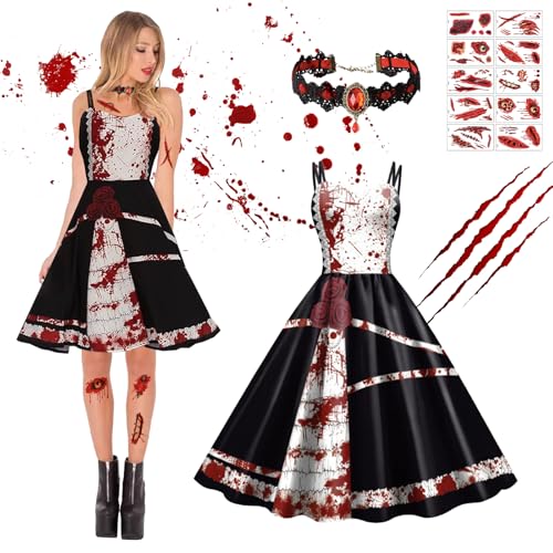 DAZZTIME Halloween Kleidung mit blutigem Aufdruck,Kleid mit Blutigem Aufdruck,Blutspritzer-Halloween-Kleid,Blutiges Halloween-Kleid,Halloween Kostüm mit Blutigem,für Karneval,Fasching,Mottoparty von DAZZTIME