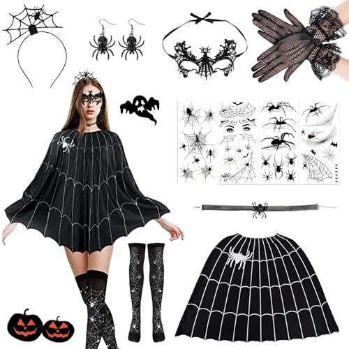 DAZZTIME Halloween Kostüm,Halloween Umhang,Schwarzer Umhang,Spinnen Kostüm,Spinnenumhang,Spinnennetz Poncho,Spinnenkostüm,Spinnennetz Kleid,für Halloween Weihnachten Karneval Kostüm von DAZZTIME