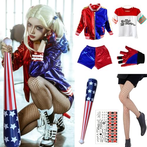 DAZZTIME Harley Quinn Cosplay Kostüme für Erwachsene und kinder,Harley Quinn Kostüm,Karneval Kostüm mit Jacke,T-Shirt,Shorts und Bösewicht,für Karneval Halloween Fasching Mottoparty. von DAZZTIME