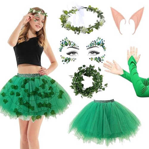 DAZZTIME Karneval Kostüm Damen,Halloween Kostüm,Damen Waldfee Kostüm,Waldelfe Kleid,Pflanzen Reben Grünen Blättern,Grün Tüllrock,für Karneval,Fasching,Mottoparty von DAZZTIME