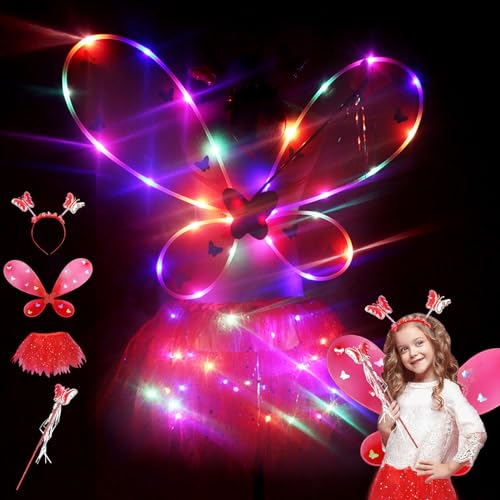 DAZZTIME LED Feenflügel Leuchtende,4 Pcs Feenkostüm Kinder,mit Feenflügel,Kinder Tutu Rock,Haarreif,Schmetterling Kostüm Damen,Glitzernde Schiere Flügel für Karneval,Fasching,Mottoparty,Halloween von DAZZTIME