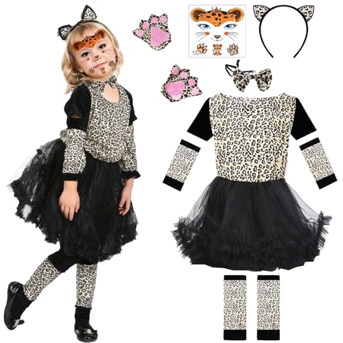 DAZZTIME Leoparden Kostüm Kinder,Leopard Kostüm Kinder Mädchen,Tierkostüm Cosplay,Kinder Mädchen Leopard Kostüme,Tierkostüm Kinder,Tier Verkleiden Set,für Karneval,Fasching,Mottoparty von DAZZTIME