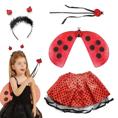 DAZZTIME Marienkäfer Kostüm Kinder,4 Stück Marienkäfer Kostüm Mädchen,Marienkäfer Kostüm Set,Mit Ladybug Tüllrock,Flügel,Zauberstab und Haarreif,für Karneval,Halloween,Fasching,Mottoparty. von DAZZTIME