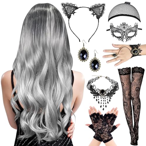 DAZZTIME Perücke Halloween Damen,Grau Lange Wellte Lockige Haare 70cm,Perücke Frauen Kostüm Set,Ohrring,Armbänder,Augenmasken,Halsketten,Handschuhe,Haarband,Strümpfe,Karneval,Fasching,Mottoparty. von DAZZTIME