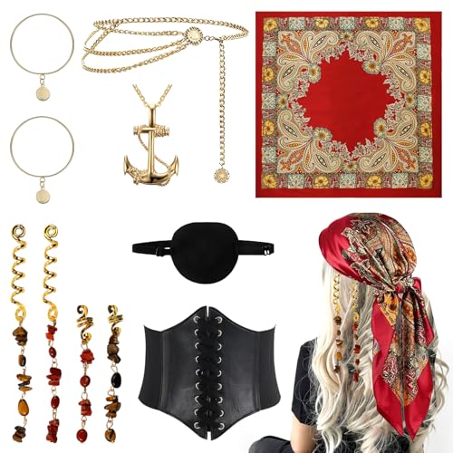 DAZZTIME Piratenkostüm Damen,Piraten Kostüm Zubehör Set,Mittelalter Piratenkostüm Zubehör Set,Piraten Kopftuch,Augenklappe Pirat,Piraten Verkleidung Accessories,für Karneval,Fasching,Mottoparty von DAZZTIME