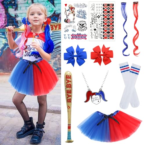 DAZZTIME Quinn Cosplay Kostüm,Quinn Kostüm Kinder,Mädchen Bösewicht Suicide Kostüm Kit,Karneval Kostüm,Kostüm Kinder Mädchen,Quinn Cosplay Kostüm Tüllrock,für Karneval Halloween Fasching Mottoparty von DAZZTIME