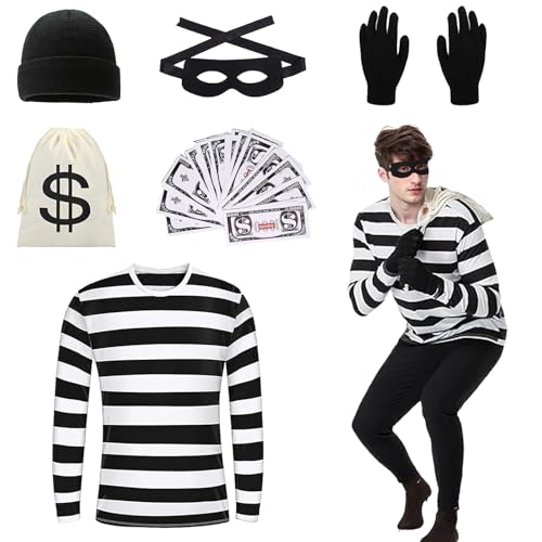 DAZZTIME Räuber Kostüm,Einbrecher Kostüm,Bankräuber Kostüm für Erwachsener, Räuber Kostüm Set,Halloween Kostümset für Räuber für Erwachsene,T-Shirt,Mütze,Handschuhen,für Karneval,Fasching,Mottoparty von DAZZTIME