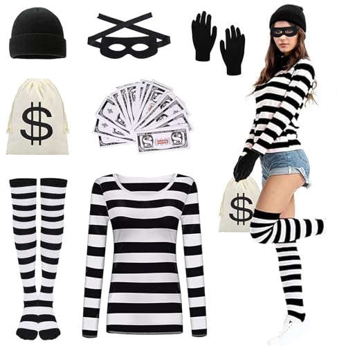 DAZZTIME Damen Räuber Kostüm Set, Bankräuber Kostüm, Erwachsene, Unisex, Halloween Kostümset, T-Shirt, Mütze, Handschuhe, Socken, Karneval, Fasching, Mottoparty von DAZZTIME