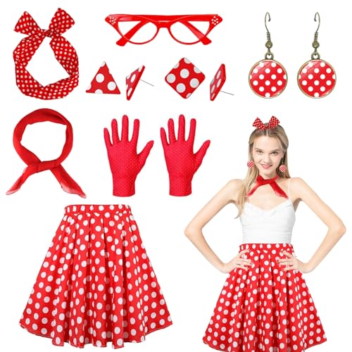 DAZZTIME Rockabilly Accessoires Damen,7 Stück 50er Jahre Damen Accessoires,mit Schal Kopftuch Handschuhe Brille und Ohrstecker Polka Dot Rock,für Karneval,Halloween,Fasching,Mottoparty. von DAZZTIME