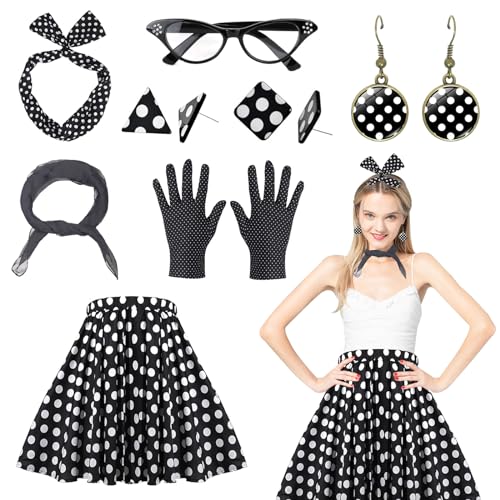 DAZZTIME Rockabilly Accessoires Damen,7 Stück 50er Jahre Damen Accessoires,mit Schal Kopftuch Handschuhe Brille und Ohrstecker Polka Dot Rock,für Karneval,Halloween,Fasching,Mottoparty. von DAZZTIME