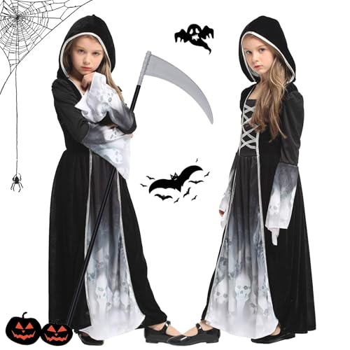 DAZZTIME Sensenmann Mädchen,Sensenmann Mädchen Kostüm,Sensenmann Kostüm Mädchen,Halloween Kostüm Sensenmann Mädchen,Sensenmann Kostüm Kinder,Halloween Kostüm Set,Halloween Sensenmann Cosplay Set von DAZZTIME