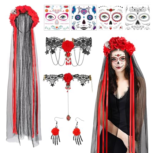 DAZZTIME Halloween Tag der Toten Haarreif,Tag der Toten Haarreif,Mexikanische Stirnband,Tag der Toten Haarschmuc,Damen Halloween Kopfschmuck,Tag der Toten Schleier,für Halloween Party Cosplay Kostüm von DAZZTIME