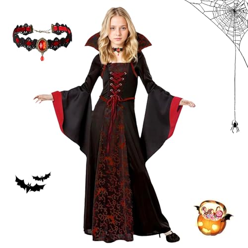 DAZZTIME Vampir Kostüm Mädchen,Vampir Kostüm Kinder,Vampirkostüm,Carnival Cosplay,Vampir Hexe Kostüm Kinder,Vampire Costume Set,Kinder Vampirin Kleid,für Karneval,Fasching,Mottoparty von DAZZTIME