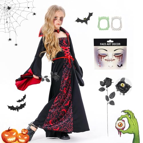 Vampirkostüm,Vampir Kostüm Mädchen,Vampir Kostüm Kinder,Vampir Prinzessin Kostüm,Kinder Vampirin Kleid,Halloween Kostüm,Königin Verkleidung Kleid,mit Halsband,für Karneval,Fasching,Mottoparty von DAZZTIME