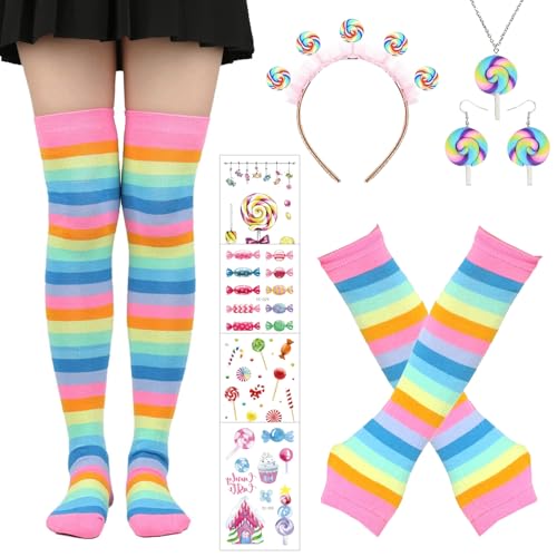 Lollipop Kostüm,Kniestrümpfe Regenboge,Candy Kostüm,Fingerlose Handschuhe,Karneval Haarband Candy,lollipop stirnband candy hairband,Regenboge Handschuhe,für Karneval,Fasching,Mottoparty von DAZZTIME