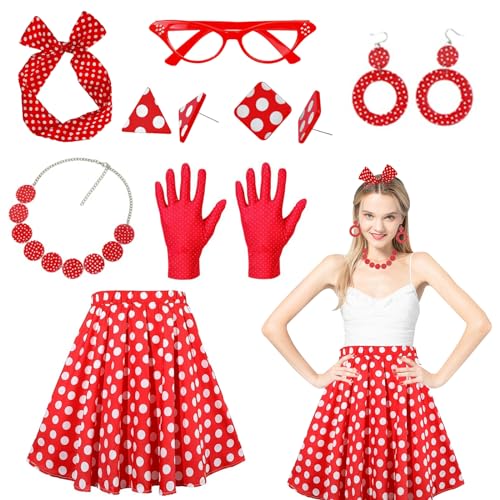 Rockabilly Accessoires Damen,8 Stück 50er Jahre Rockabilly Kostüm Accessoires,mit Bandana Ohrringe Ohrstecker Halskette Handschuhe Brille Polka Dot Rock,Karneval,Halloween,Fasching,Mottoparty. von DAZZTIME