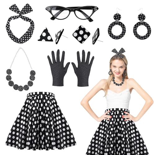 Rockabilly Accessoires Damen,8 Stück 50er Jahre Rockabilly Kostüm Accessoires,mit Bandana Ohrringe Ohrstecker Halskette Handschuhe Brille Polka Dot Rock,Karneval,Halloween,Fasching,Mottoparty. von DAZZTIME