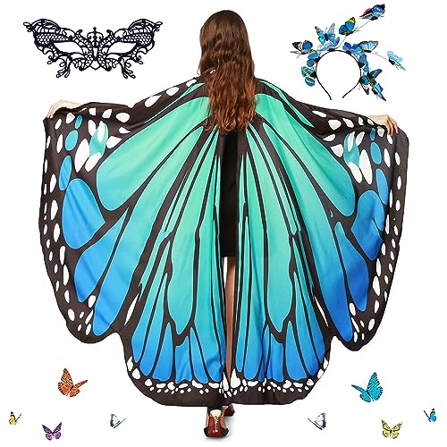 Schmetterling Umhang Damen,Damen Schmetterling Kostüm Umhang mit Schmetterling Haarreif,Schmetterlingsflügel,Damen Spitze Maske Bunter Schmetterling Umhang,für Halloween Fasching Party Cosplay von DAZZTIME