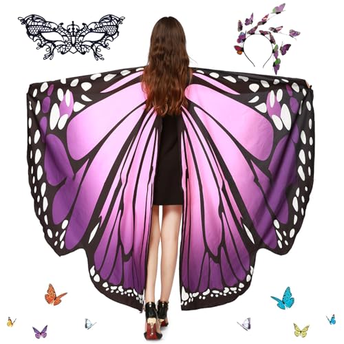 Schmetterling Umhang Damen,Damen Schmetterling Kostüm Umhang mit Schmetterling Haarreif,Schmetterlingsflügel,Damen Spitze Maske Bunter Schmetterling Umhang,für Halloween Fasching Party Cosplay von DAZZTIME