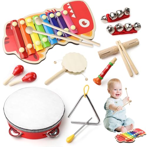 10Stks Kleinkinder Schlagzeug Spielzeug Set, Neutrales Rhythmus Spielzeug aus Holz, Boho Baby Musikinstrumente, Vorschulspielzeug mit Xylophon, Percussion Instrumente Geschenk für Jungen Mädchen von DBTW