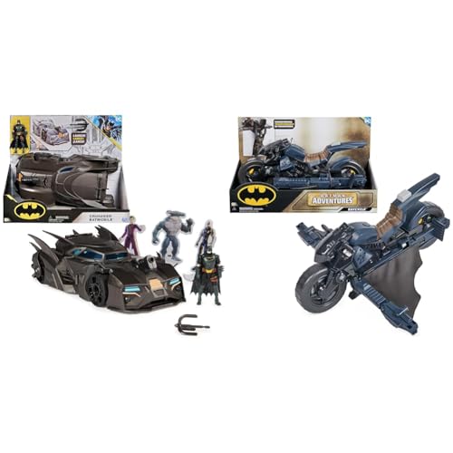 DC Comics Batman Offroad Batmobile mit Fanghaken-Katapult und Gitter-Zelle & Spin Master Batman Adventures Batcycle von DC Comics