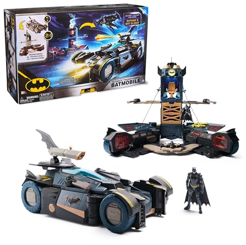 DC Comics - Ultimate Transforming Batmobile mit Batmanfigur (10cm), 1 Pfeil-Katapult, Lichteffekten, Soundeffekten, per Knopfdruck zur Batcave transformierbar. Ab 4 Jahren von Spin Master