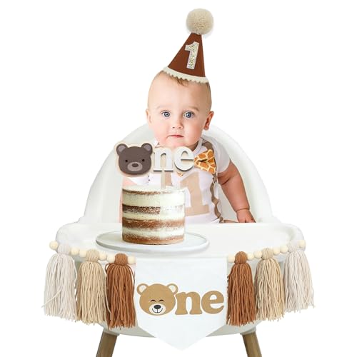 DCJHFJ Bear One Hochstuhl Banner für 1. Geburtstag Party Dekoration mit Cake Topper Geburtstag Hut von DCJHFJ