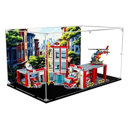 Transparente Acryl-Vitrine für Lego 60110 Feuerwehr-Stadtmodell, Sammlerstücke, Arbeitsplatten-Vitrine, Geschenk, Staubbox, Organizer (nur Displaybox) (schwarzer Sockel, 3 mm) von DDXMML