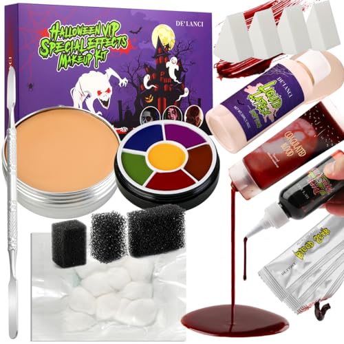 Halloween Schminke Erwachsene,Latexkleber für Halloween Schminken,Schminke Halloween Set DE’LANCI 17PCS Vampir Schminke,Halloween Schminke Narben,Clown Schminke Horror von DE'LANCI