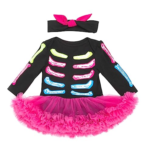 DEARMAMY 1 Satz Festival-skelett-kleid Mädchen Neugeborene Kleidung Schwarzes Kleid Für Hexenkostüm Für Mädchen Party Halloween Strampler Stirnband Kleinkind Stirnband Baumwolle von DEARMAMY