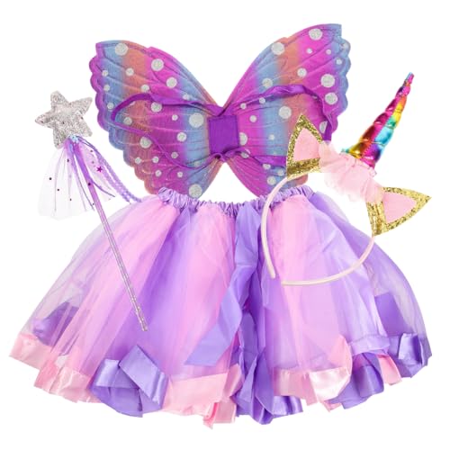 DEARMAMY Mädchen Tutu Kostüm Set Regenbogen Tüllrock Feenflügel Stirnband Prinzessin Partykleid Für Kinder von DEARMAMY