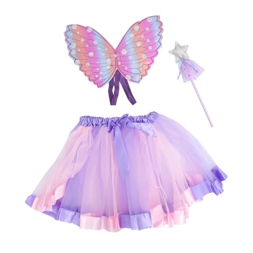 DEARMAMY 1 Set 3 Teiliges Set Anzug Karneval Outfit Kostümzubehör Kleinkind Anzug Kleinkind Cosplay Party Outfit Fee Tutu Rock Leuchtende Schmetterlingsflügel Kinder Tüllrock Stoff von DEARMAMY