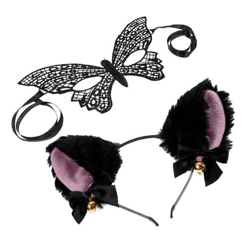 DEARMAMY 1 Set Katzenohren Haarreif Mit Glöckchen Und Spitzenmaske Halloween Party Kostü Zubehör Für Frauen Tierohren Stirnband Für Maskerade Und Cosplay Veranstaltungen von DEARMAMY