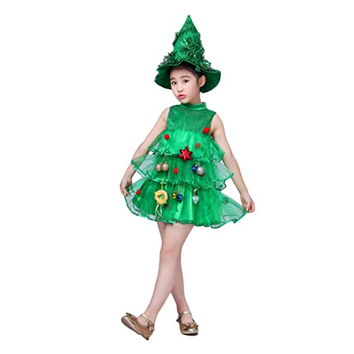 DEARMAMY 1Stk Bühnenkostüm für Kinder kinderkleider kinderkleidung kleidung kinder christmas dress weihnachtsbaum kleid grünes Baum-Outfit Weihnachtsshow-Kostüm Weihnachtsbaumhut und -kleid von DEARMAMY