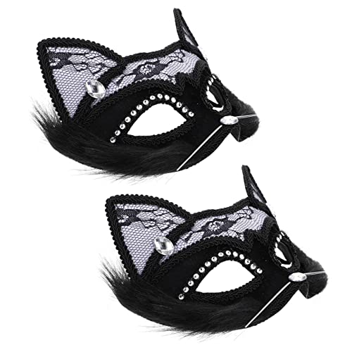 DEARMAMY 2St katze gesichtsmaske Fursuit Venezianisches Partyauge Maskerade-Maske Damen Spitze Katze halloween maske halloween-maske Maskerade Masken Halloween-Augenmasken Kunststoff Black von DEARMAMY