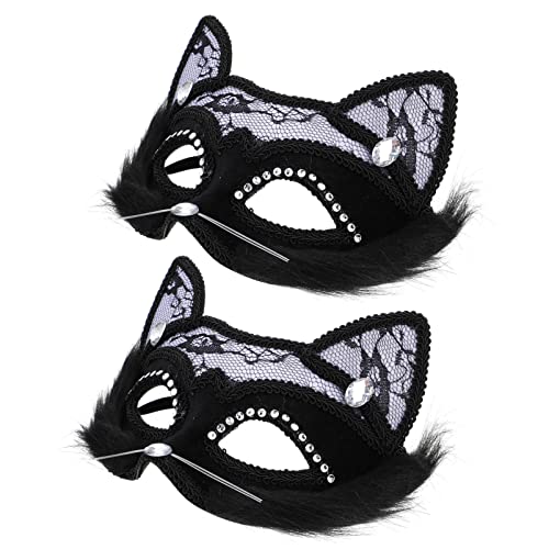 DEARMAMY 2st Katze Gesichtsmaske Katze Halb Maskerade Kostüme Frauen Halloween-katzenkostüm Ball Abschlussball Tiermasken Halloween-kostüme Für Frauen Plüsch Black von DEARMAMY