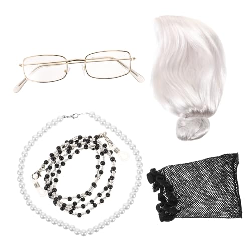 DEARMAMY 3-Teiliges Set Brillenkette für alte Damen Oma-Kostüm für Damen Brille einer alten Dame Oma Perücke eine Sonnenbrille Alte Dame Kostüm für Kinder graue Perücke heimische Seide Weiß von DEARMAMY