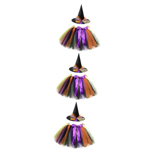 DEARMAMY 3-teiliges Set Festliches Partykleid Kinderrock Kinderkleider Halloween-kleid Hexen-kits Halloween-hexenkostüm Festliche Party Halloween-hexenkleid Hexenhut Kinder Halloween-rock von DEARMAMY