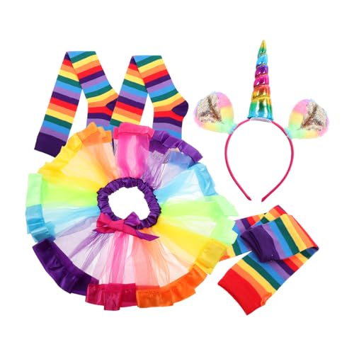 DEARMAMY 4 Teiliges Regenbogen Tutu Kleid Set Für ädchen Inklusive Tutu Rock änge Handschuhe Strümpfe Und Haarreif Perfekt Für Kostümpartys Und Anlässe von DEARMAMY