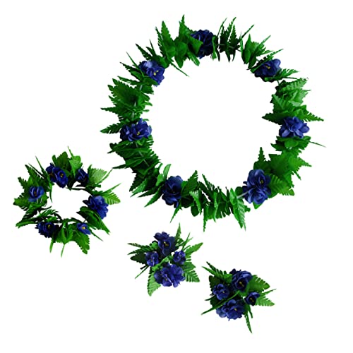 DEARMAMY 5 Stück Hawaii Flower Green Leaf Rock Performance Rock Party Kostüm Creative Garland Armband Leaf Hair Hoop (blau, Adults Style, Leaf Rock Und Green Leaf Garland) von DEARMAMY