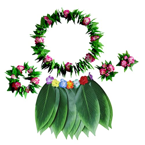 DEARMAMY 5 Stück Hawaii Flower Green Leaf Rock Performance Rock Party Kostüm Creative Garland Armband Leaf Hair Hoop (rosig, Adults Style, Leaf Rock Und Green Leaf Garland) von DEARMAMY