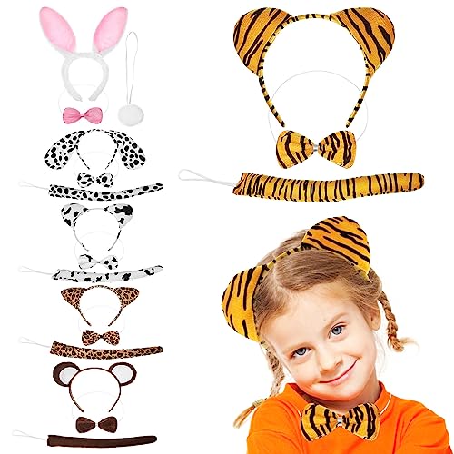 DEARMAMY 6 Sets Tierohren Stirnband Dschungel Zoo Tierhaarbänder Partydekoration Tiger Löwe Kuh Hasenohren Haarreifen Fliege Und Schwänze Für Kinder Cosplay Geburtstagsparty von DEARMAMY