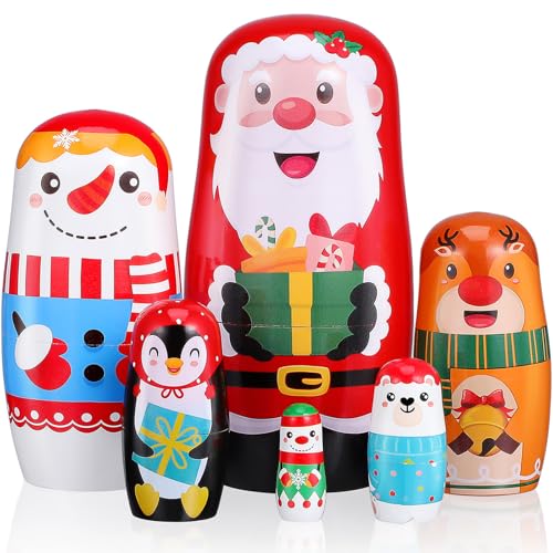 DEARMAMY 6 Stück Russische Nistpuppen Aus Holz Handgefertigte Matroschka-Puppen Für Kinder Niedliche Cartoon-Nistpuppen Für Kinder Schneemann Weihnachtsmann Thema Weihnachtsspielzeug von DEARMAMY