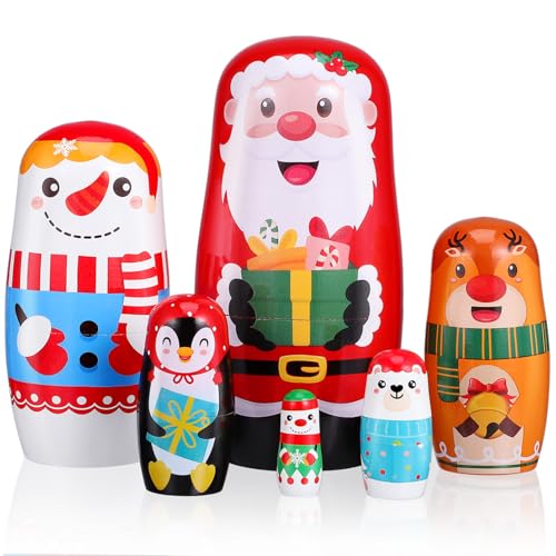 DEARMAMY 6 Stück Russische Nistpuppen Aus Holz Handgefertigte Matroschka-Puppen Für Kinder Niedliche Cartoon-Nistpuppen Für Kinder Schneemann Weihnachtsmann Thema Weihnachtsspielzeug von DEARMAMY