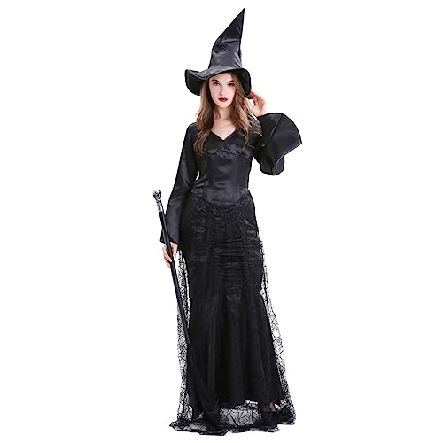 DEARMAMY Halloween Damen Hexenkleid Mit Schwarzem Spinnennetz Muster Kostümset Für Cosplay Und Maskerade Größe L Empfohlene Höhe 163 Perfekt Für Halloween Partys Und Auftritte von DEARMAMY